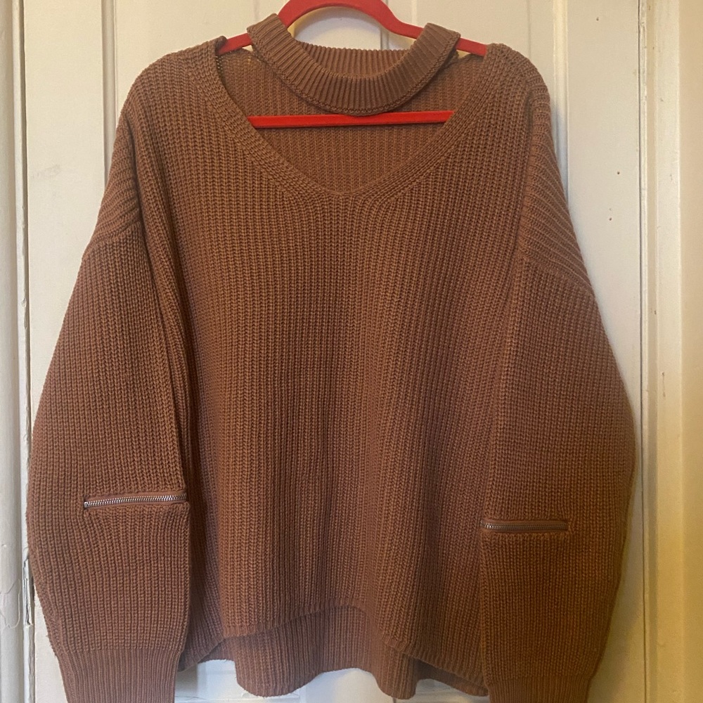 Cut Out Neck Sweater with Arm Zippers